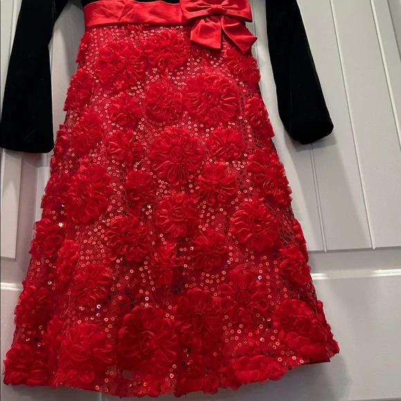 Bonnie Jean Dress Black Velvet Upper Red 3D Flowers Sequin Accents Size 16 - Picture 2 of 10